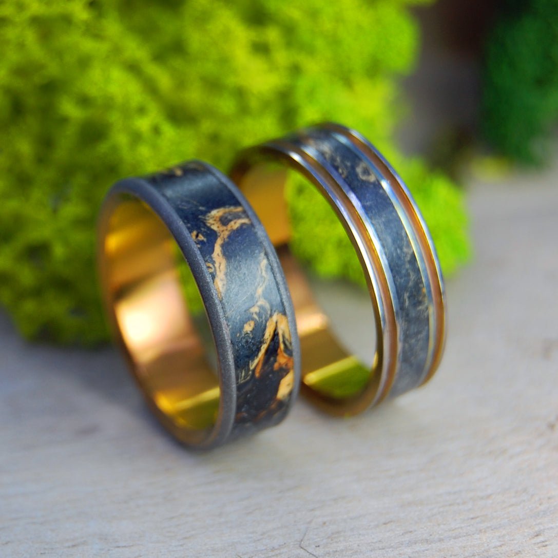 Distillation & Sublimation Alchemy | Box Elder Wood & Titanium Wedding Ring Set - Minter and Richter Designs