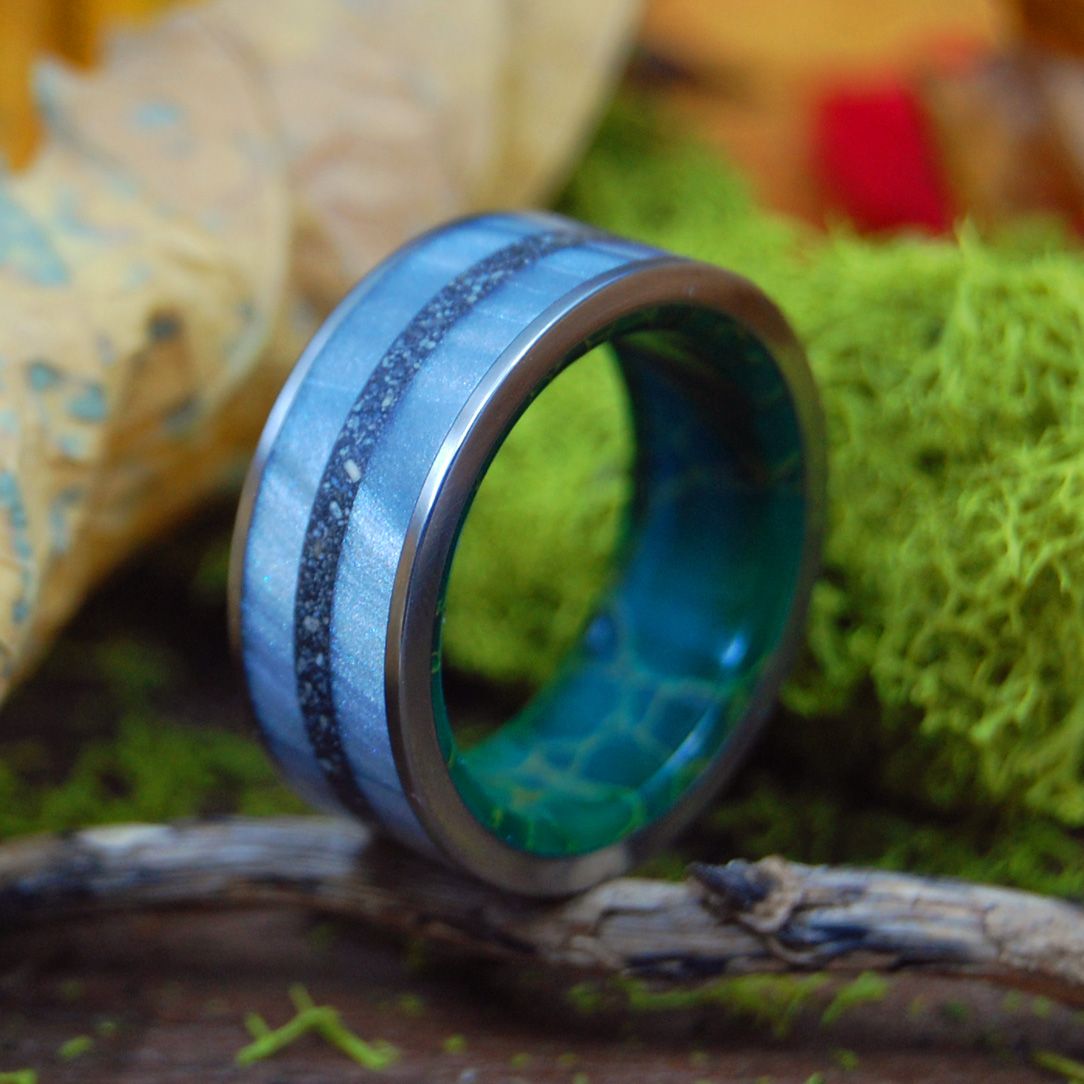 Dive In | Men's Gray Marbled Resin, Beach Sand, Egyptian Jade & Titanium Wedding Ring - Minter and Richter Designs