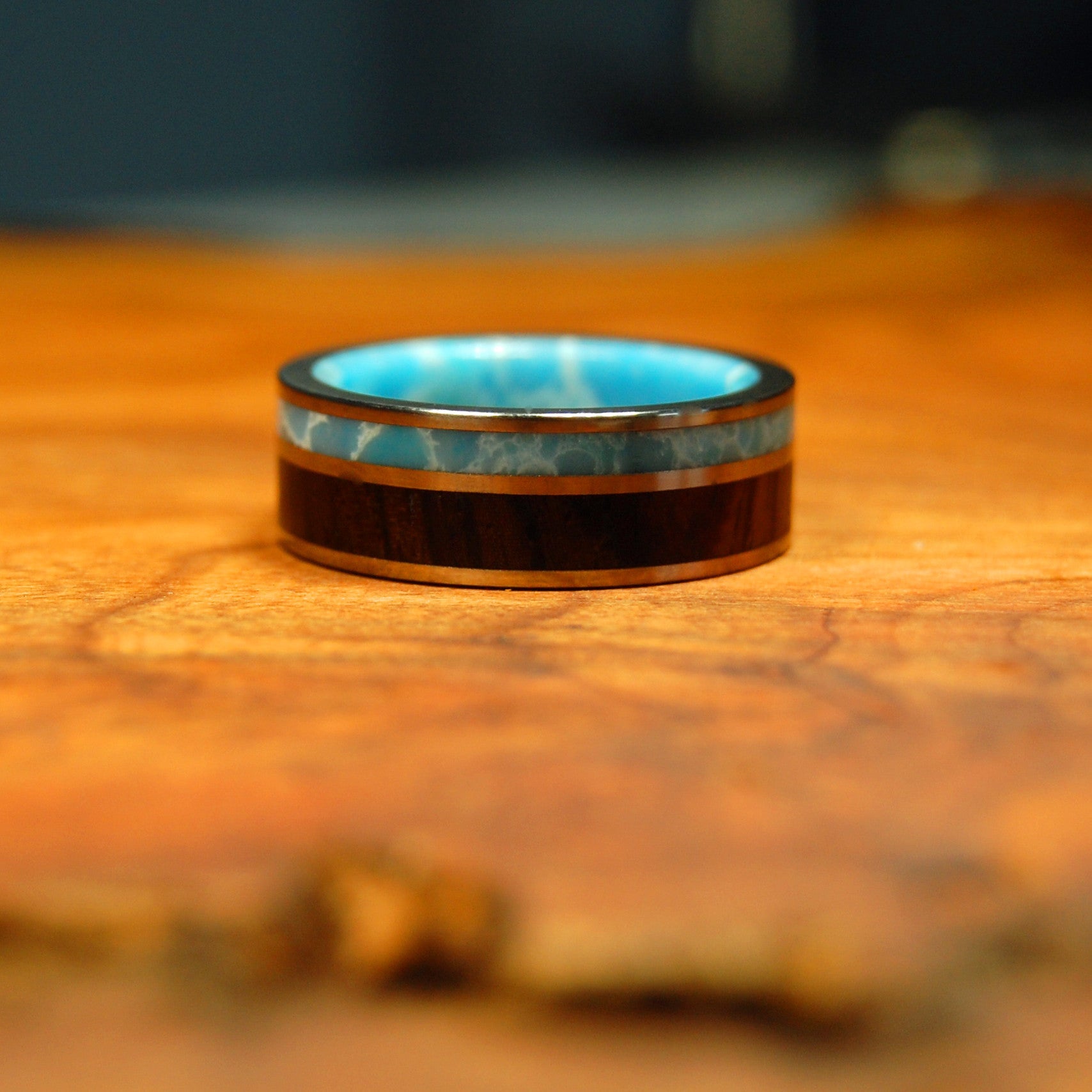 Dominican Canopy | Men's Larimar Stone, Wood & Titanium Wedding Ring - Minter and Richter Designs