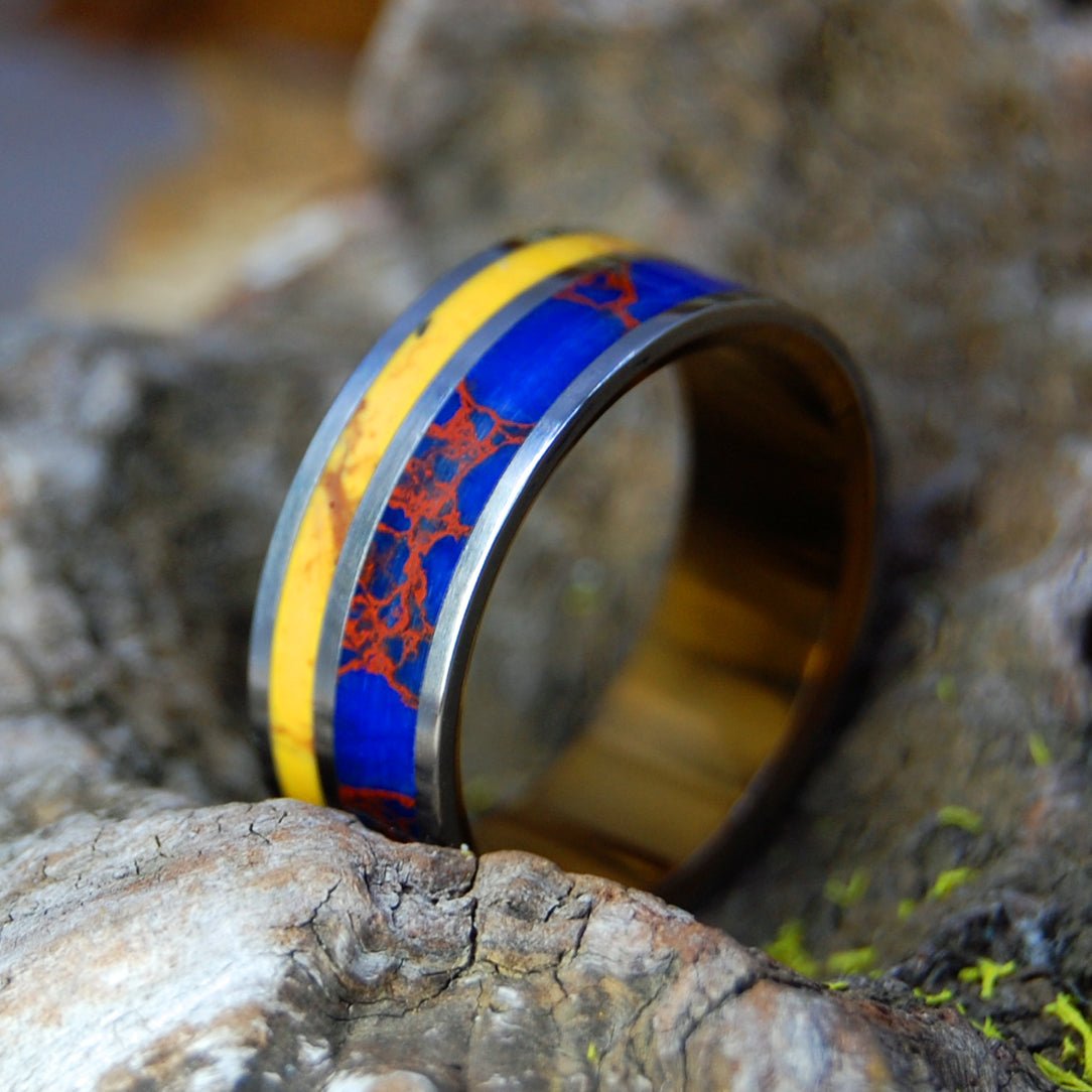 Double Jasper - Dy | Men's Blue Rust Jasper, Honey Jasper & Titanium Wedding Ring - Minter and Richter Designs