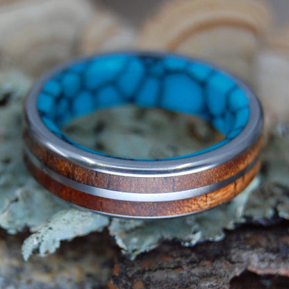 Double Koa To The Sea | Men's Koa Wood, Turquoise & Titanium Wedding Ring - Minter and Richter Designs