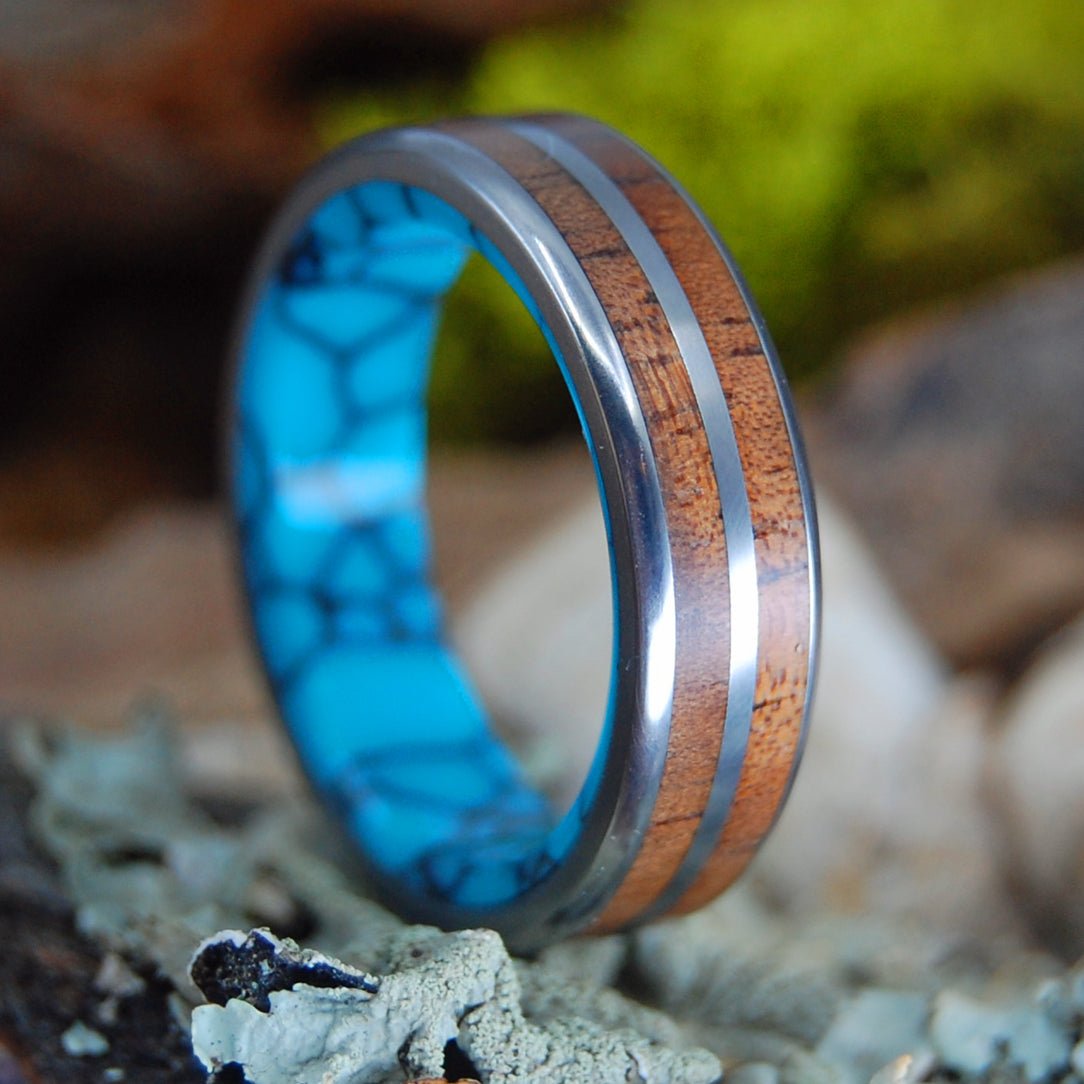 Double Koa To The Sea | Men's Koa Wood, Turquoise & Titanium Wedding Ring - Minter and Richter Designs