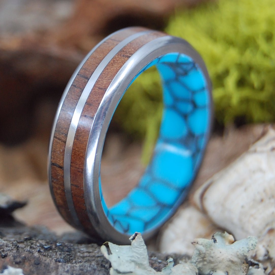 Double Koa To The Sea | Men's Koa Wood, Turquoise & Titanium Wedding Ring - Minter and Richter Designs