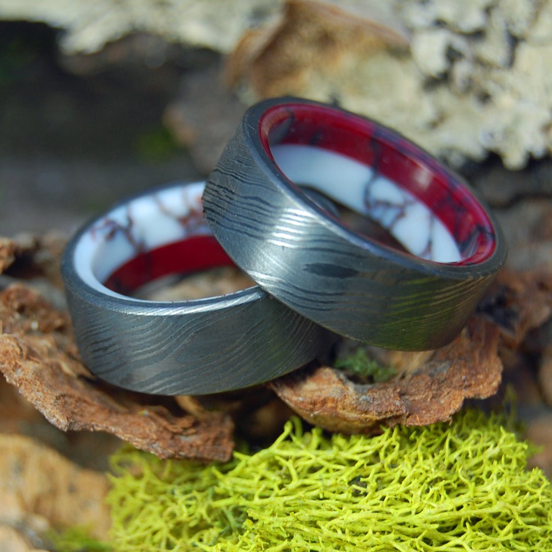 Double Stone Damascus | Damascus Steel With Wild Horse Jasper And Bloody Basin Jasper - Unique Ring - Minter and Richter Designs