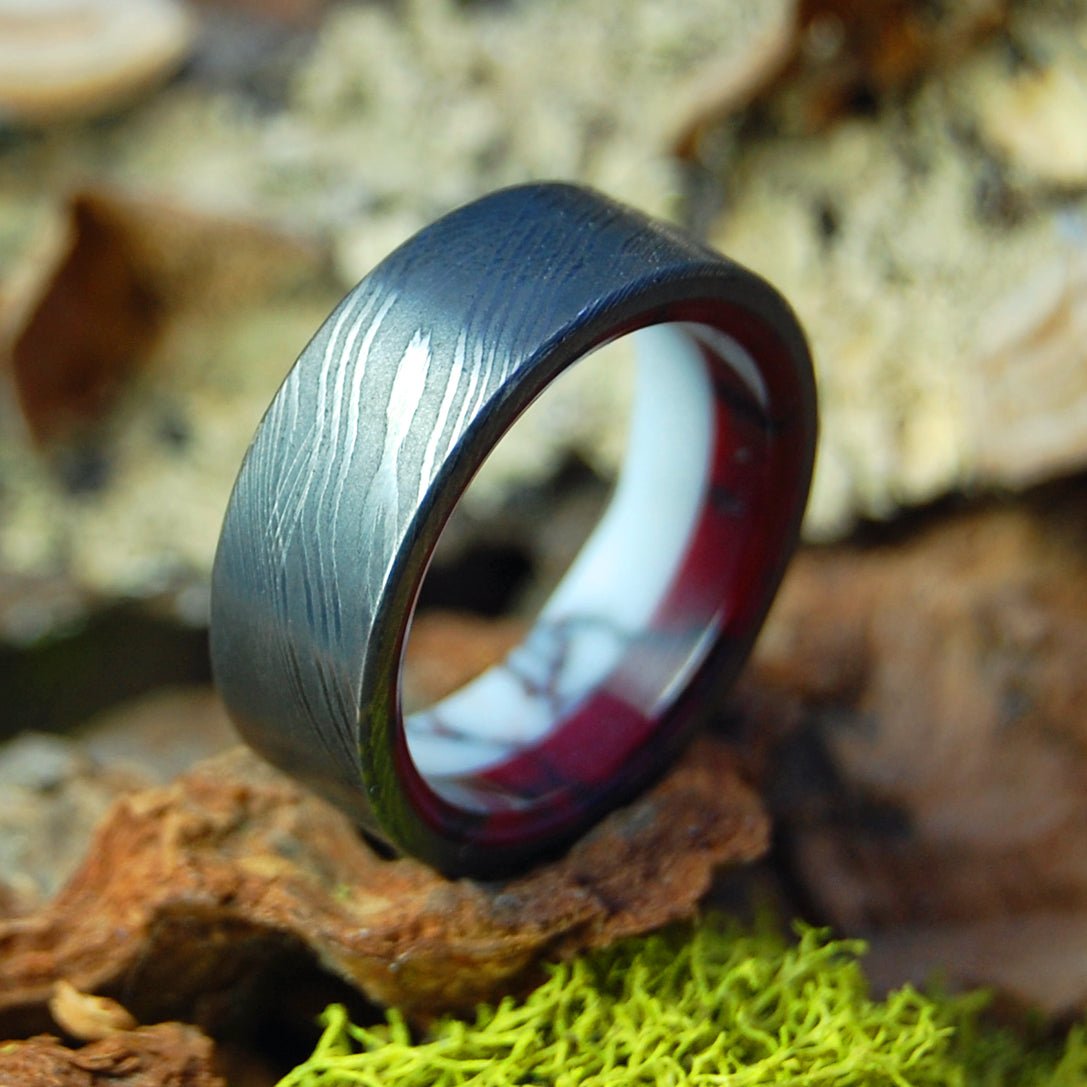 Double Stone Damascus | Men's Damascus Steel, Wild Horse Jasper, Bloody Basin Jasper & Titanium Wedding Ring - Minter and Richter Designs