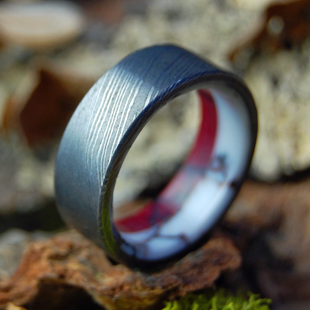 Double Stone Damascus | Men's Damascus Steel, Wild Horse Jasper, Bloody Basin Jasper & Titanium Wedding Ring - Minter and Richter Designs