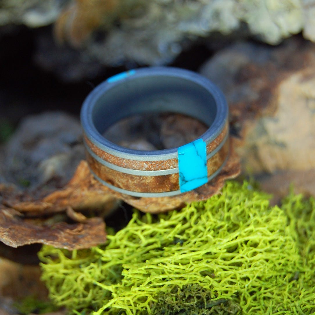 Double Turquoise Sedona Arizona | Men's Kingman Turquoise, Arizona Turquoise, Sedona Desert Sand, Dark Maple & Titanium Wedding Ring - Minter and Richter Designs