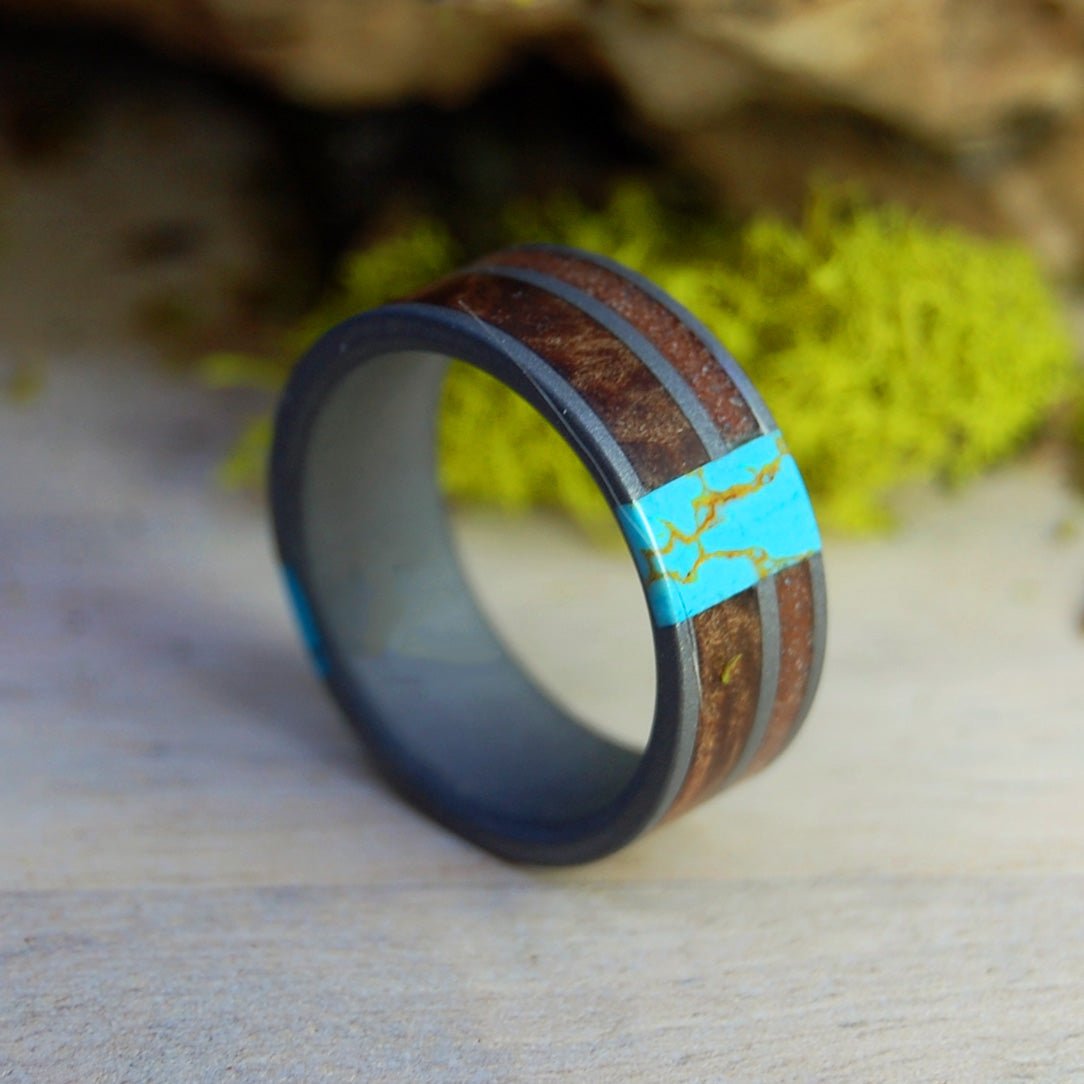 Double Turquoise Sedona Arizona | Men's Kingman Turquoise, Arizona Turquoise, Sedona Desert Sand, Dark Maple & Titanium Wedding Ring - Minter and Richter Designs