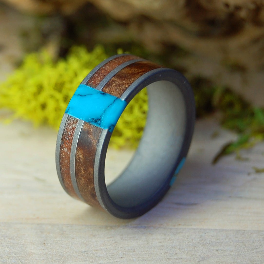 Double Turquoise Sedona Arizona | Men's Kingman Turquoise, Arizona Turquoise, Sedona Desert Sand, Dark Maple & Titanium Wedding Ring - Minter and Richter Designs