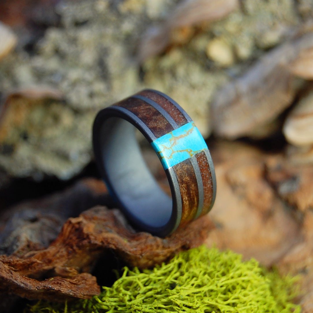 Double Turquoise Sedona Arizona | Men's Kingman Turquoise, Arizona Turquoise, Sedona Desert Sand, Dark Maple & Titanium Wedding Ring - Minter and Richter Designs