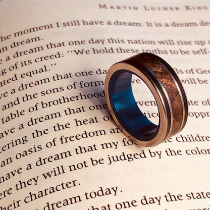 Dream King | Men's Dark Maple Wood, Black Onyx, Blue Marbled Opalescent Resin & Titanium Wedding Ring - Minter and Richter Designs