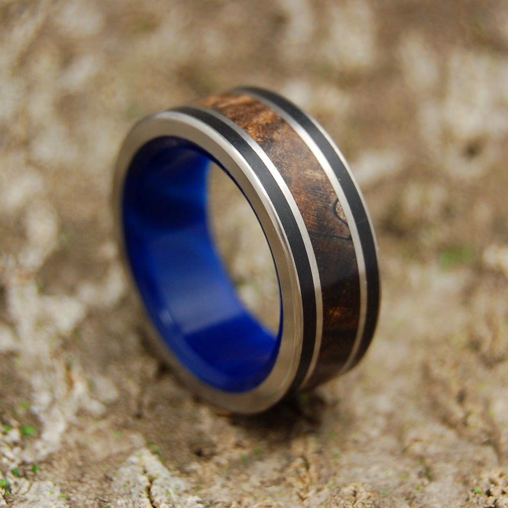 Dream King | Men's Dark Maple Wood, Black Onyx, Blue Marbled Opalescent Resin & Titanium Wedding Ring - Minter and Richter Designs