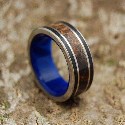 Dream King | Men's Dark Maple Wood, Black Onyx, Blue Marbled Opalescent Resin & Titanium Wedding Ring - Minter and Richter Designs