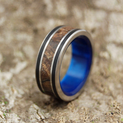 Dream King | Men's Dark Maple Wood, Black Onyx, Blue Marbled Opalescent Resin & Titanium Wedding Ring - Minter and Richter Designs