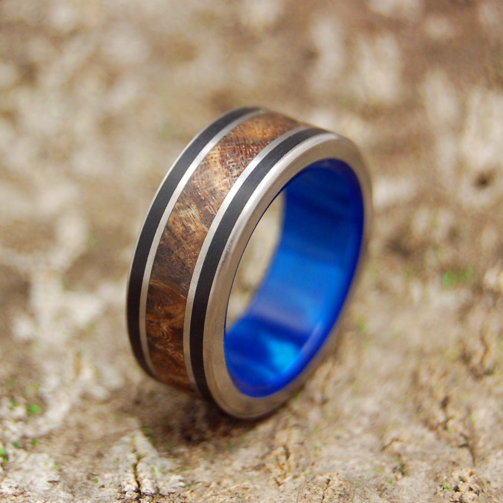 Dream King | Men's Dark Maple Wood, Black Onyx, Blue Marbled Opalescent Resin & Titanium Wedding Ring - Minter and Richter Designs