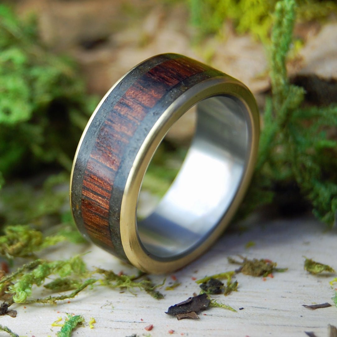 Drummer Man | Men's Oregon Lava, Koa Wood, Armenian Obsidian, Driftwood Bronze & Titanium Wedding Ring - Minter and Richter Designs