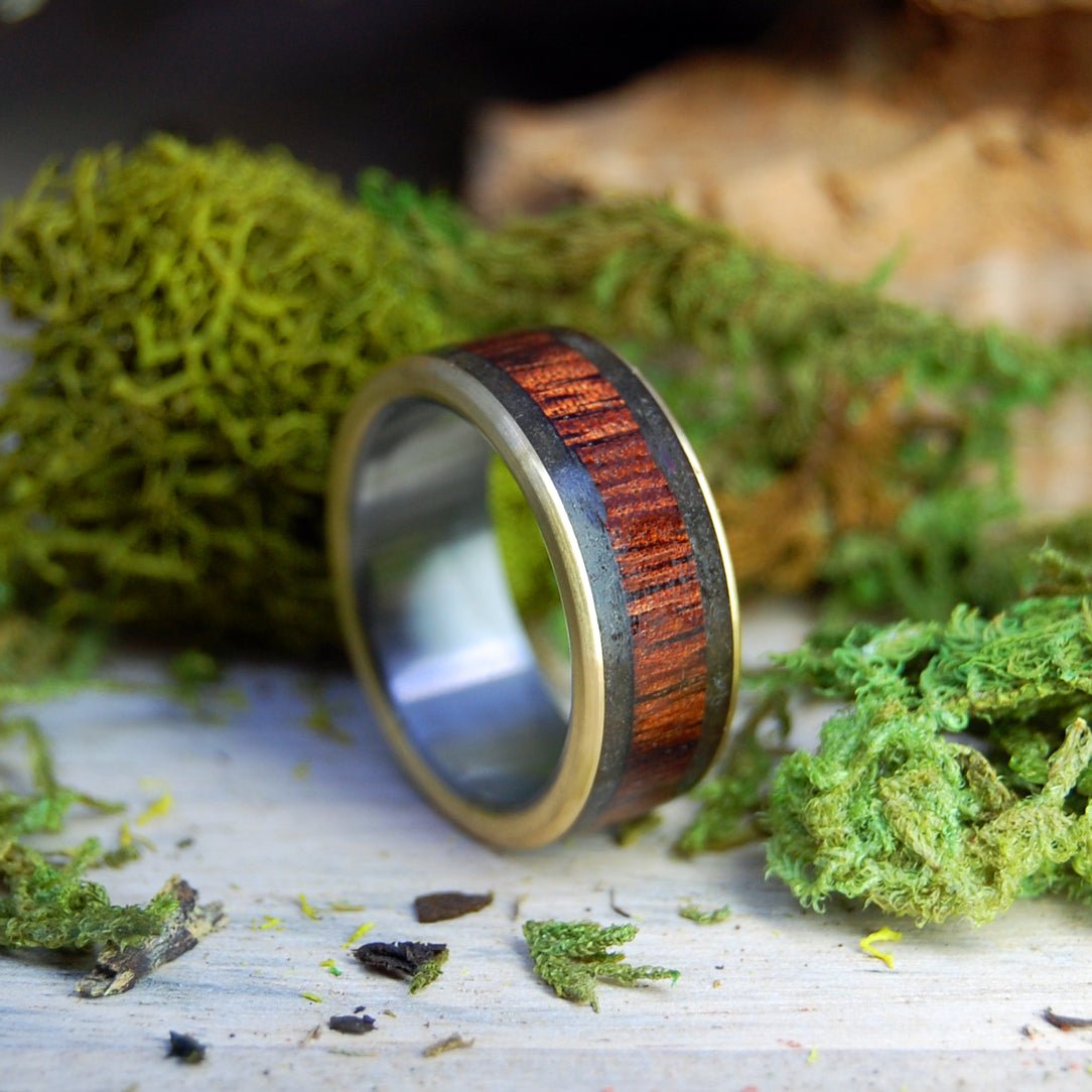 Drummer Man | Men's Oregon Lava, Koa Wood, Armenian Obsidian, Driftwood Bronze & Titanium Wedding Ring - Minter and Richter Designs