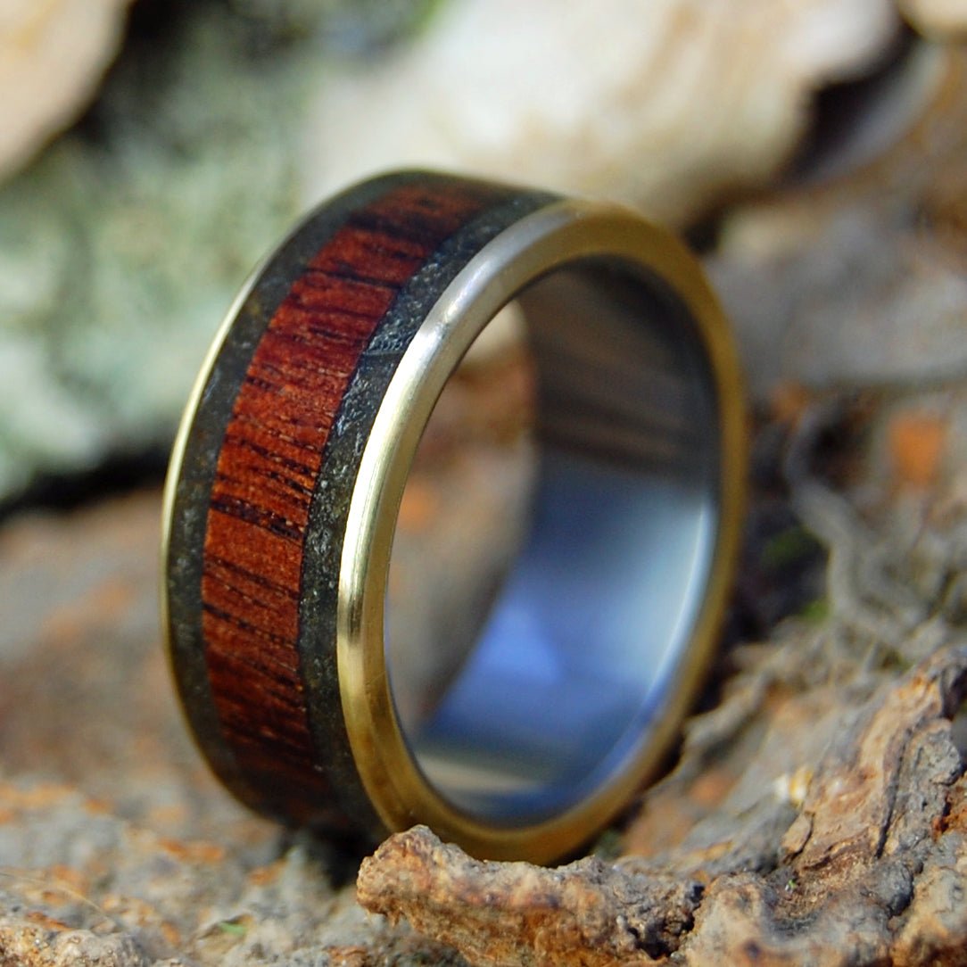 Drummer Man | Men's Oregon Lava, Koa Wood, Armenian Obsidian, Driftwood Bronze & Titanium Wedding Ring - Minter and Richter Designs