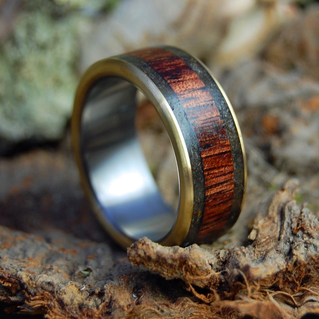 Drummer Man | Men's Oregon Lava, Koa Wood, Armenian Obsidian, Driftwood Bronze & Titanium Wedding Ring - Minter and Richter Designs