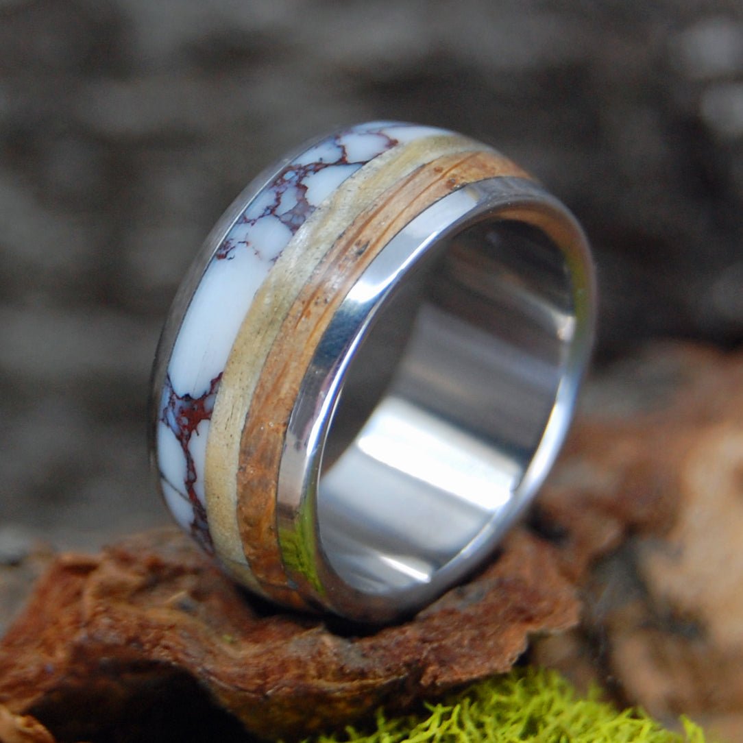 Drunk On A Wild Horse | Men's Whiskey Barrel Wood, Wild Horse Jasper Stone & Titanium Wedding Ring - Minter and Richter Designs