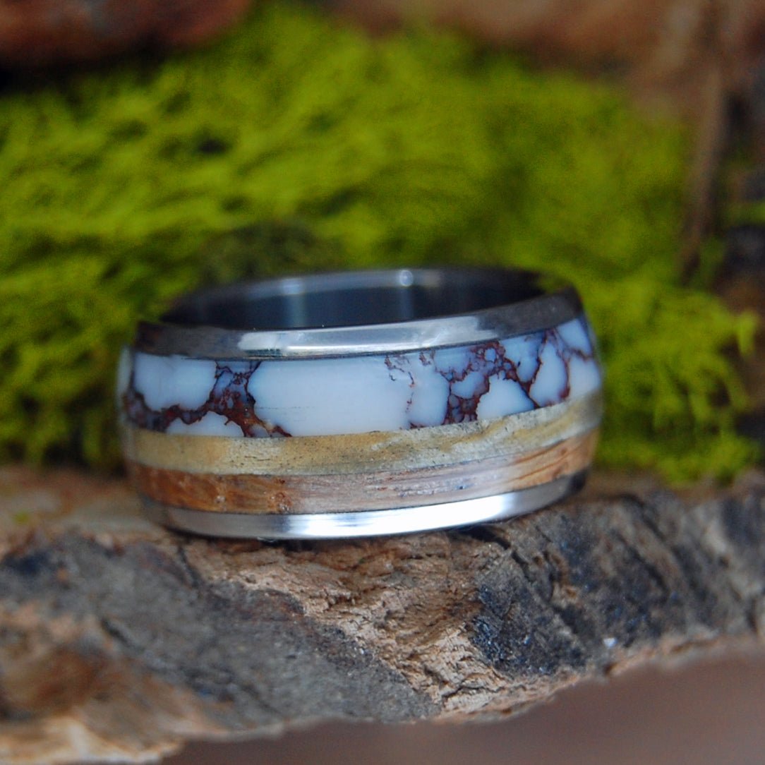 Drunk On A Wild Horse | Men's Whiskey Barrel Wood, Wild Horse Jasper Stone & Titanium Wedding Ring - Minter and Richter Designs