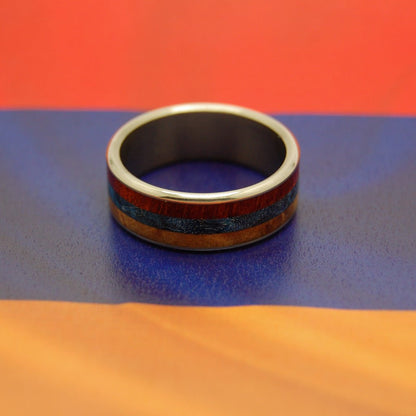 Dukhov! | Men's Bloodwood, Blue Box Elder Wood, Light Orange Maple & Titanium Wedding Ring - Minter and Richter Designs