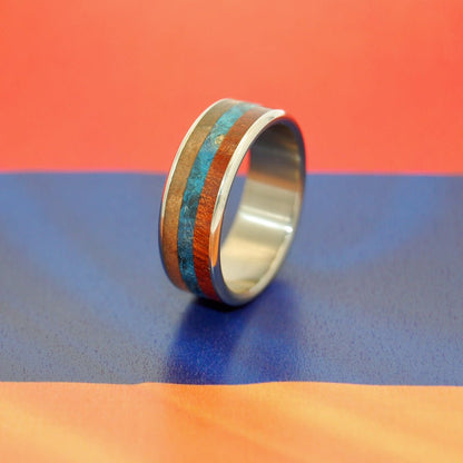 Dukhov! | Men's Bloodwood, Blue Box Elder Wood, Light Orange Maple & Titanium Wedding Ring - Minter and Richter Designs