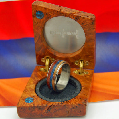 Dukhov! | Men's Bloodwood, Blue Box Elder Wood, Light Orange Maple & Titanium Wedding Ring - Minter and Richter Designs