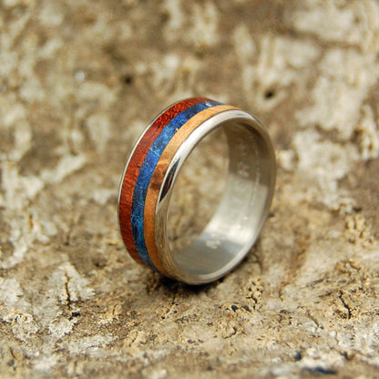 Dukhov! | Men's Bloodwood, Blue Box Elder Wood, Light Orange Maple & Titanium Wedding Ring - Minter and Richter Designs