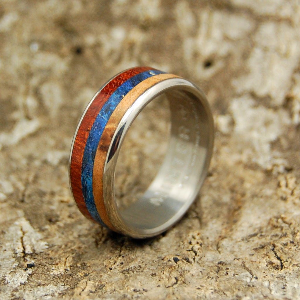 Dukhov! | Men's Bloodwood, Blue Box Elder Wood, Light Orange Maple & Titanium Wedding Ring - Minter and Richter Designs