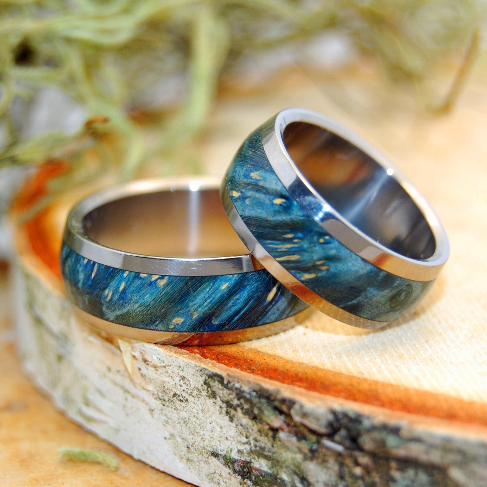 Earthly Delights | Blue Box Elder Wood & Titanium - Unique Wedding Ring - Wedding Ring Set - Minter and Richter Designs