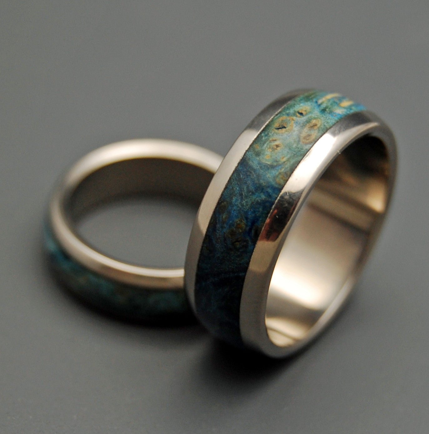 Earthly Delights | Blue Box Elder Wood & Titanium - Unique Wedding Ring - Wedding Ring Set - Minter and Richter Designs