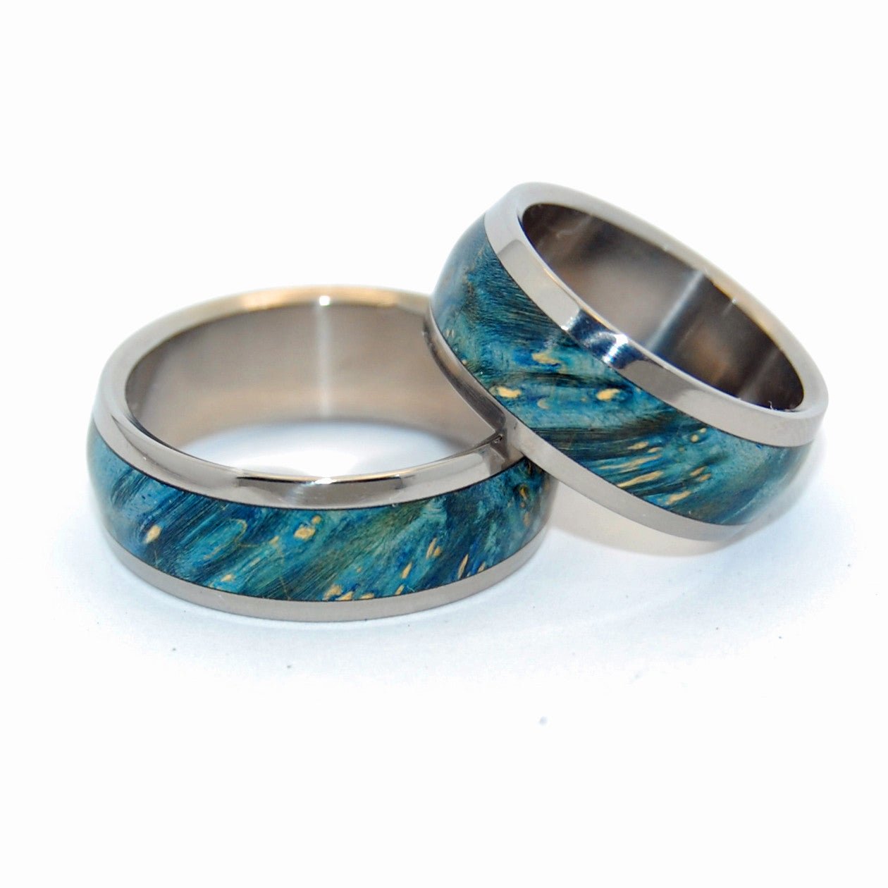 Earthly Delights | Blue Box Elder Wood & Titanium - Unique Wedding Ring - Wedding Ring Set - Minter and Richter Designs