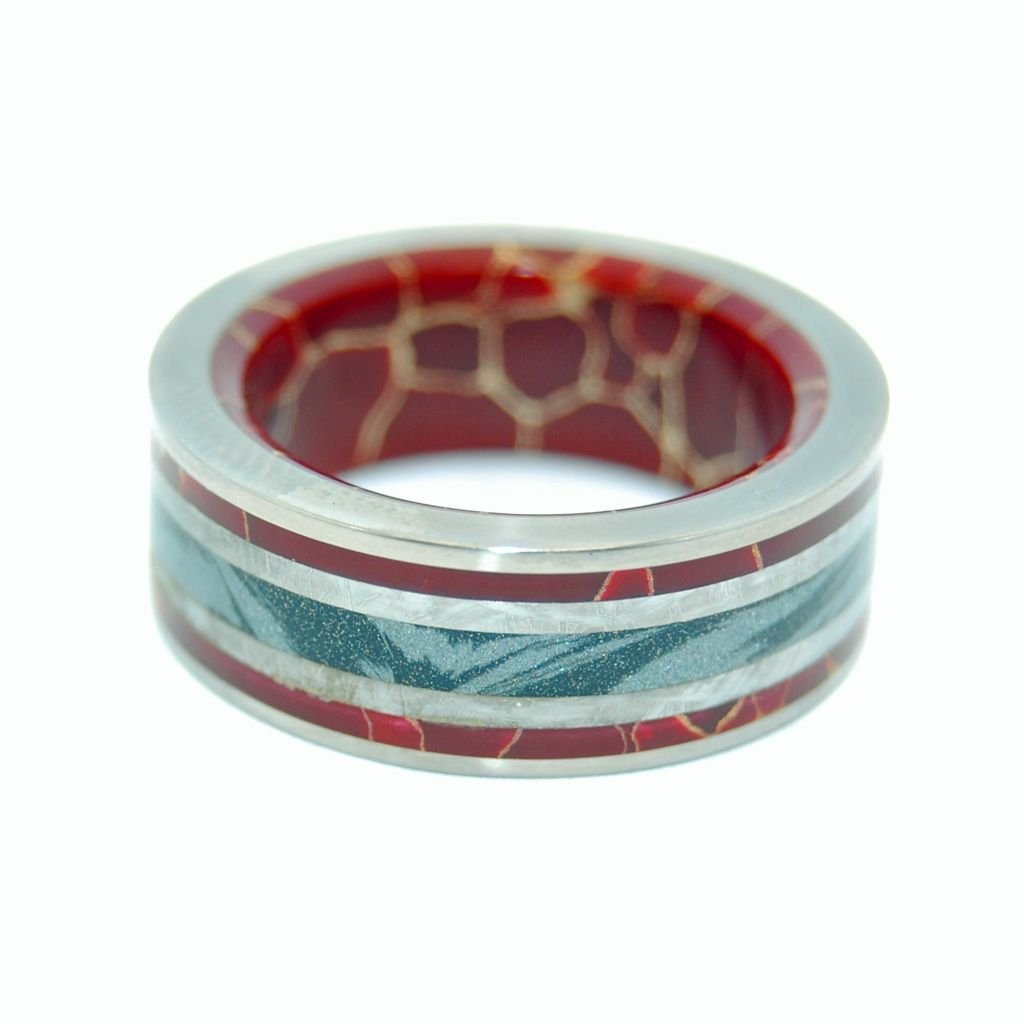 Embers Of Love | Men's Gray Mokume Gane, Red Jasper & Titanium Wedding Ring - Minter and Richter Designs