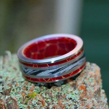 Embers Of Love | Men's Gray Mokume Gane, Red Jasper & Titanium Wedding Ring - Minter and Richter Designs