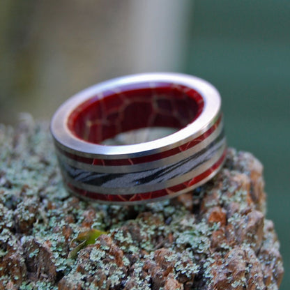 Embers Of Love | Men's Gray Mokume Gane, Red Jasper & Titanium Wedding Ring - Minter and Richter Designs