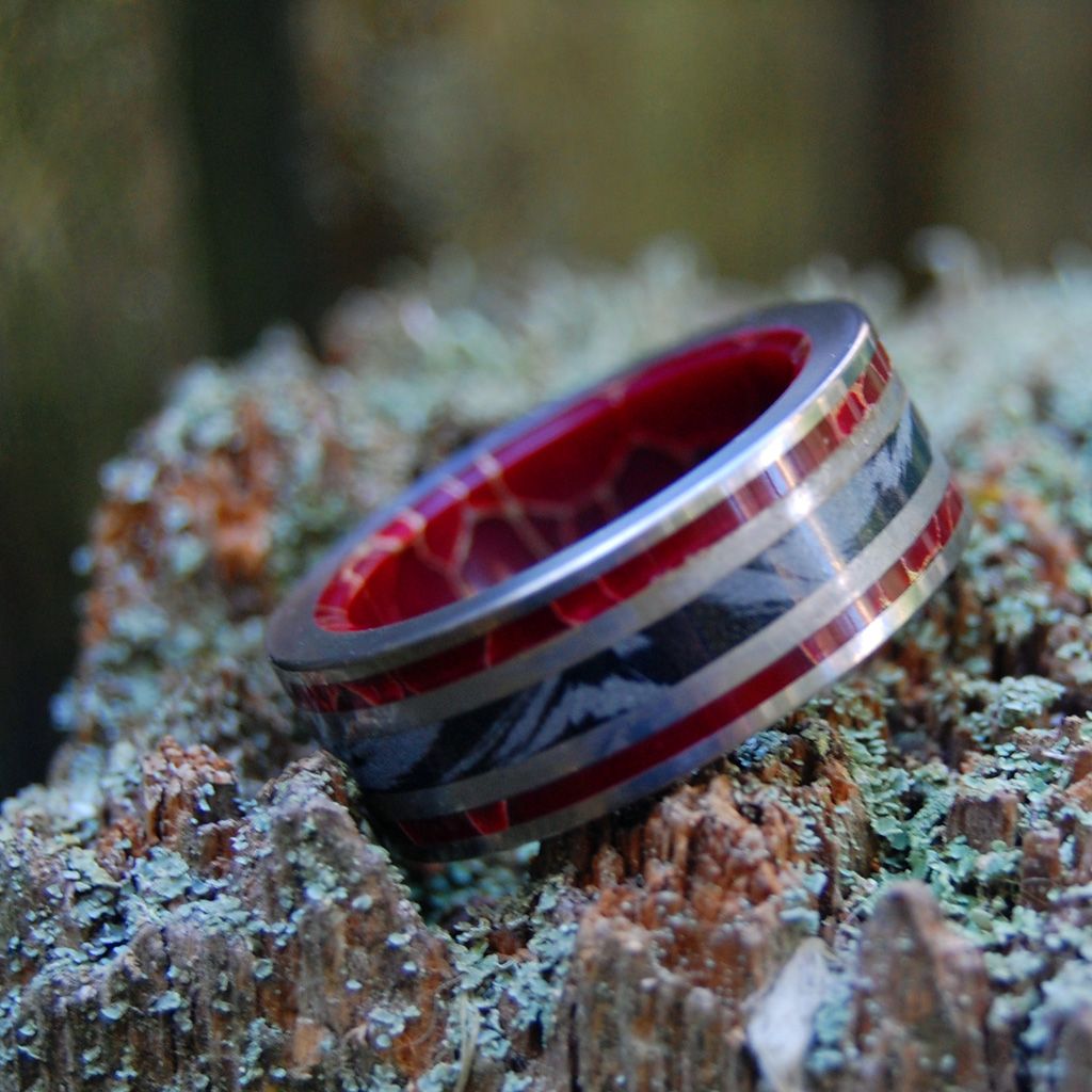 Embers Of Love | Men's Gray Mokume Gane, Red Jasper & Titanium Wedding Ring - Minter and Richter Designs