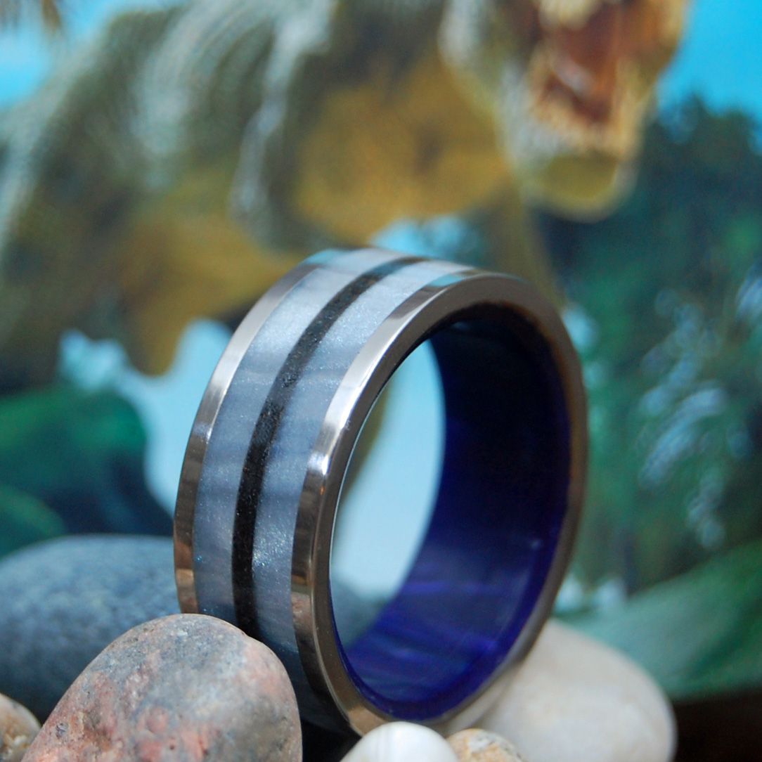 Epoch | Men's T - Rex Dinosaur Tooth, Gray Resin, Purple Resin & Titanium Wedding Ring - Minter and Richter Designs