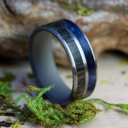 Equal Scottish Highlands | Men's Scottish Bog Oak, Blue Box Elder Wood & Titanium Wedding Ring - Minter and Richter Designs