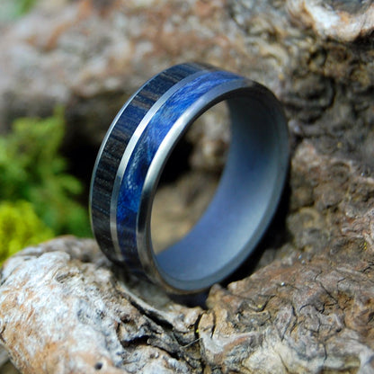 Equal Scottish Highlands | Men's Scottish Bog Oak, Blue Box Elder Wood & Titanium Wedding Ring - Minter and Richter Designs