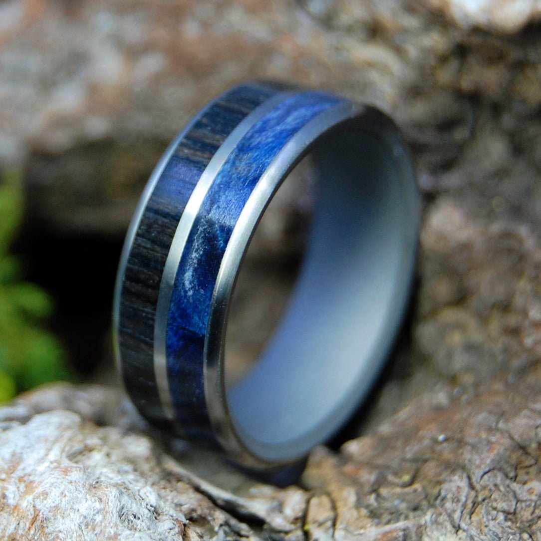 Equal Scottish Highlands | Men's Scottish Bog Oak, Blue Box Elder Wood & Titanium Wedding Ring - Minter and Richter Designs