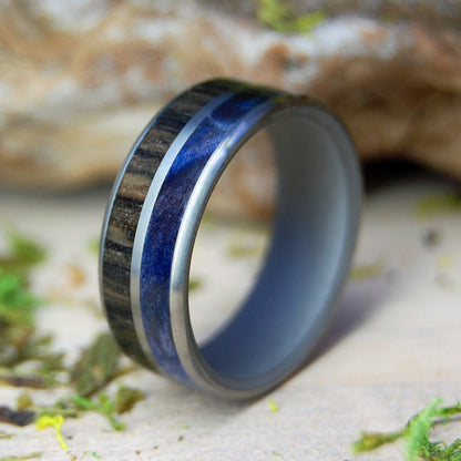 Equal Scottish Highlands | Men's Scottish Bog Oak, Blue Box Elder Wood & Titanium Wedding Ring - Minter and Richter Designs