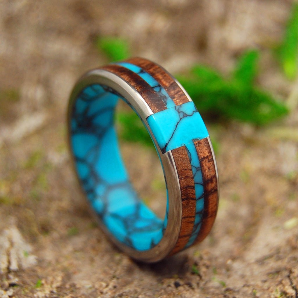 Eternal Turquoise Cross | Men's Koa Wood, Turquoise & Titanium Wedding Ring - Minter and Richter Designs