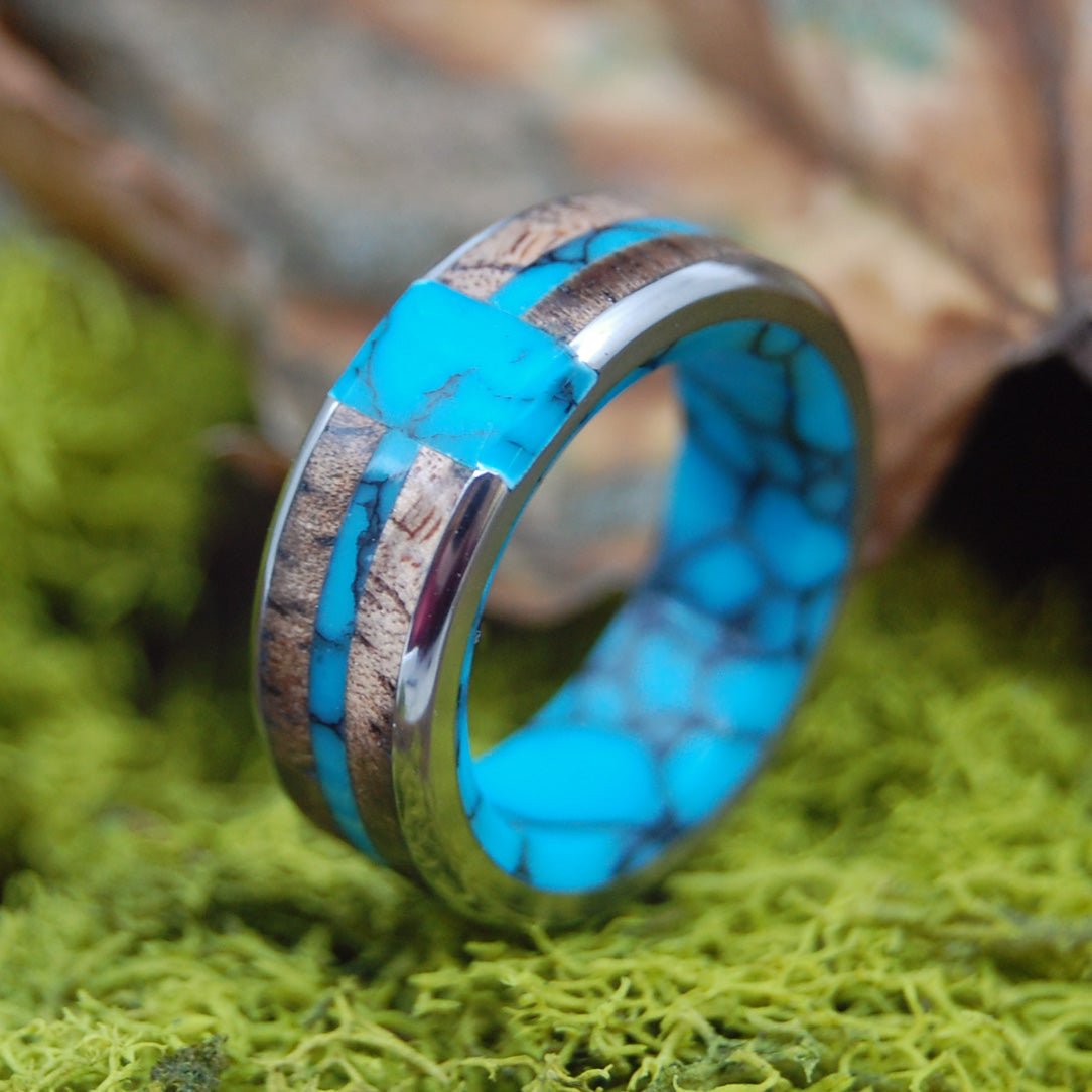 Eternal Turquoise Cross | Men's Koa Wood, Turquoise & Titanium Wedding Ring - Minter and Richter Designs