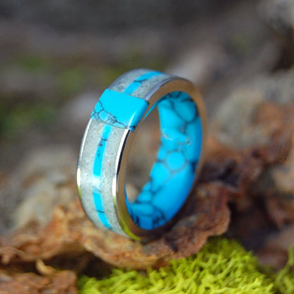 Eternally Our Beach | Men's St. Augustine Beach Sand, Turquoise & Titanium Wedding Ring - Minter and Richter Designs