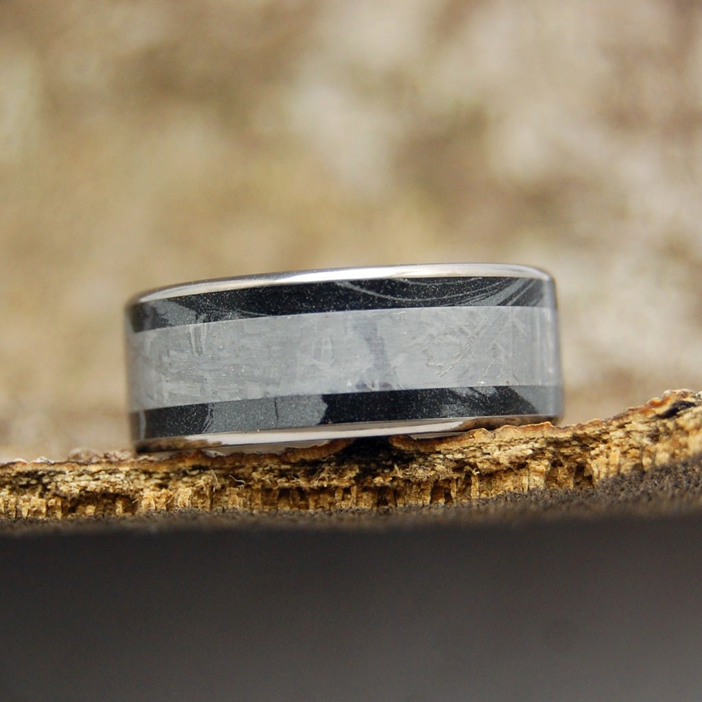 Every Knee Shall Bow | Men's Meteorite, Black M3 Titanium & Titanium Wedding Ring - Minter and Richter Designs