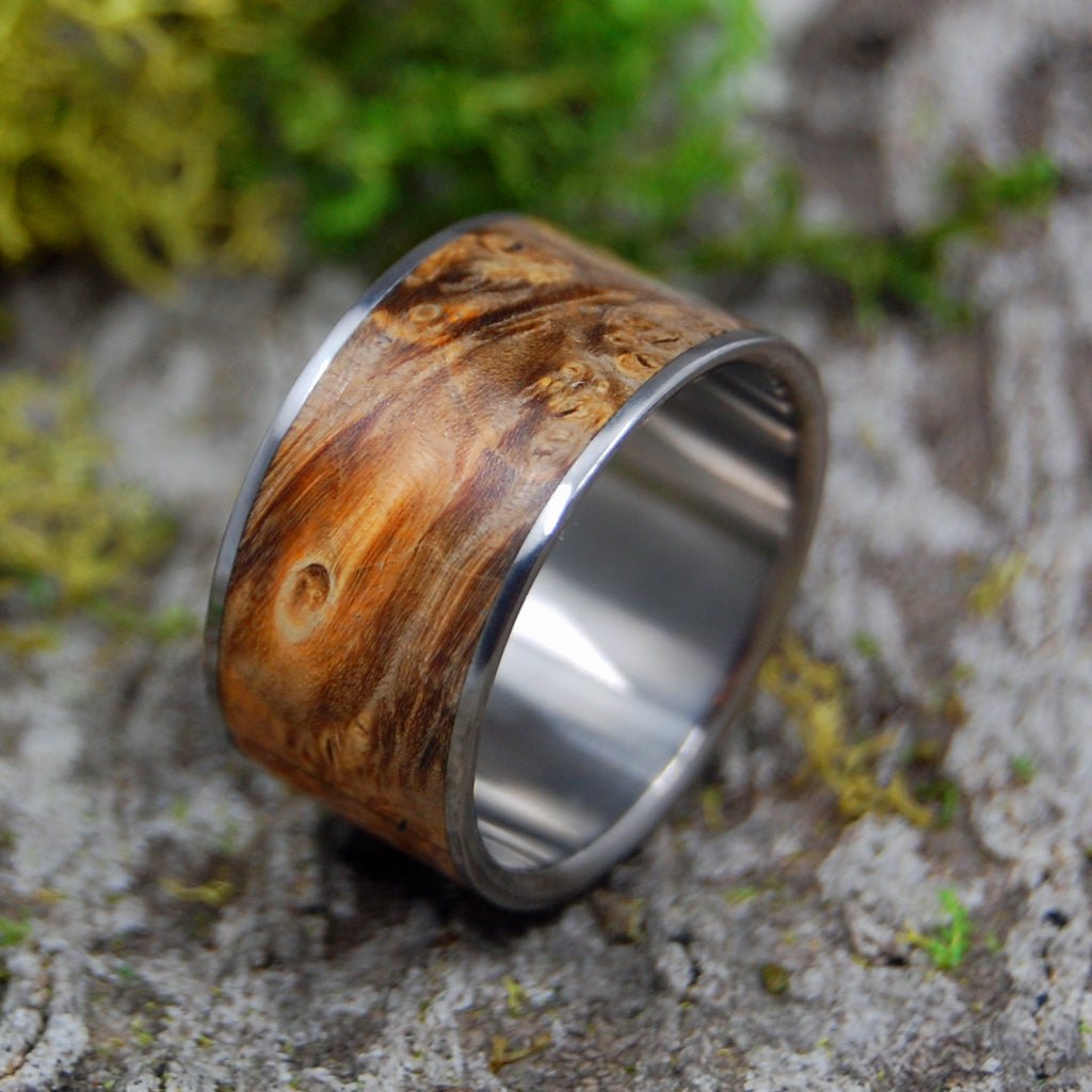 Fan The Flame | Men's Golden Box Elder Wood & Titanium Wedding Ring - Minter and Richter Designs