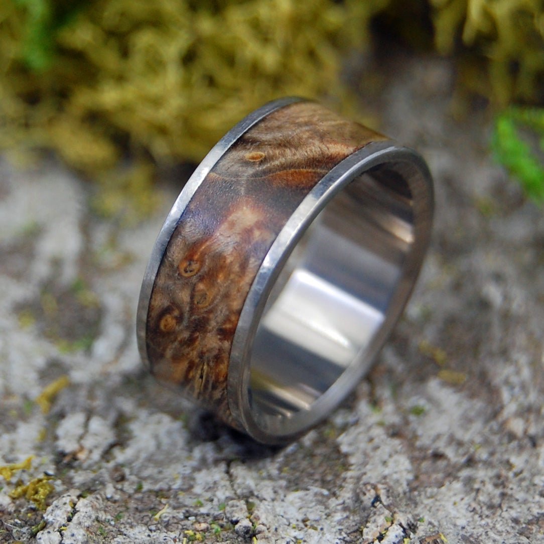 Fan The Flame | Men's Golden Box Elder Wood & Titanium Wedding Ring - Minter and Richter Designs