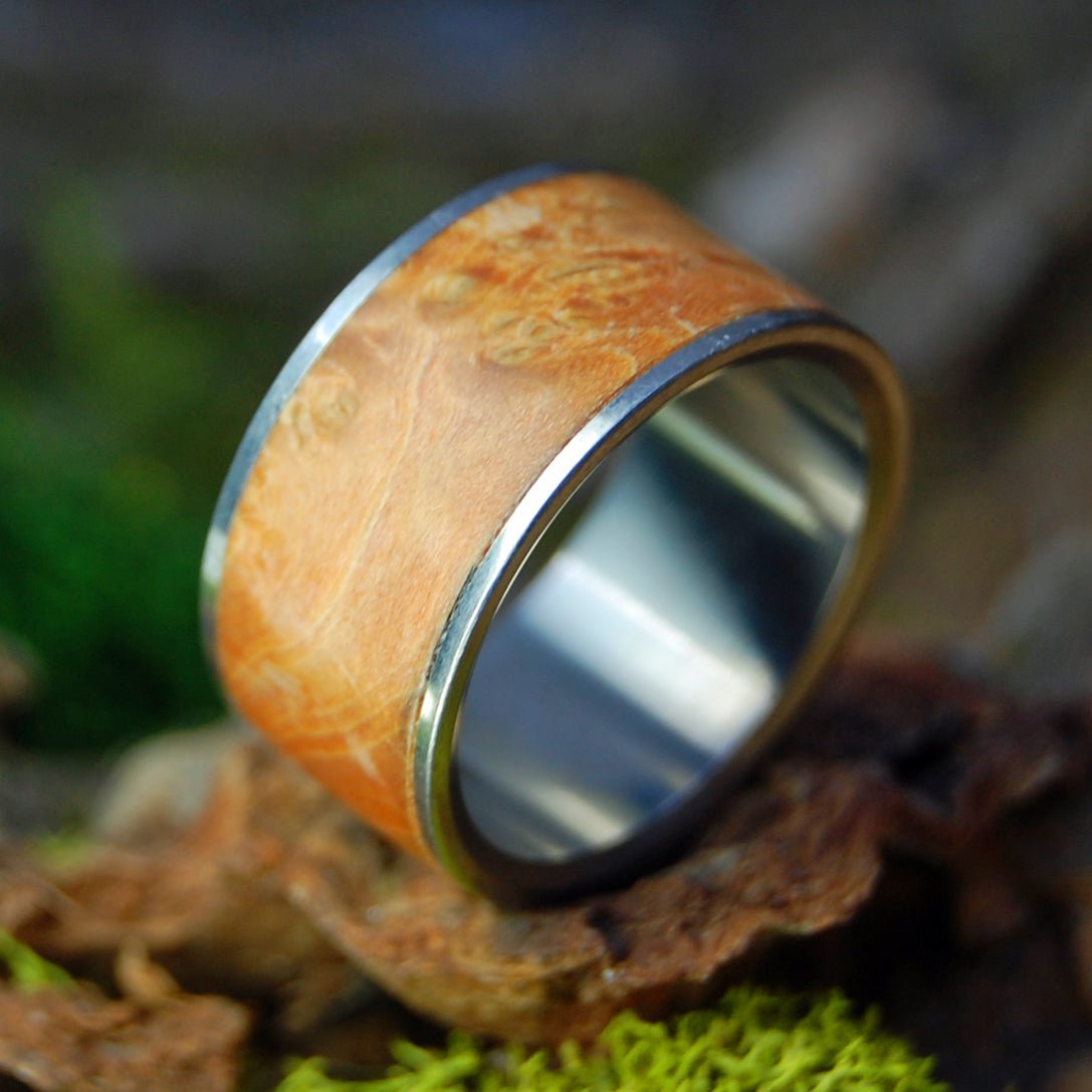 Fan The Flame | Size 8.75 At 11mm | Golden Box Elder Wood | Titanium Wedding Ring | On Sale - Minter and Richter Designs