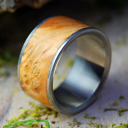 Fan The Flame | Size 8.75 At 11mm | Golden Box Elder Wood | Titanium Wedding Ring | On Sale - Minter and Richter Designs